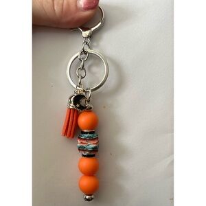 Orange Beaded Keychain with Silver Accents